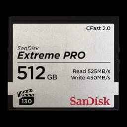 SanDisk Extreme PRO CFast 2.0 512GB noir gris, vue avant: face argentée avec capacité, vitesse 525Mo/s lecture et logo