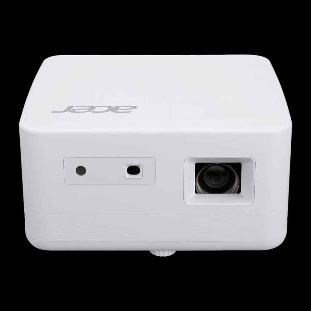 Acer Projecteur PD1810IC 4K UHD RGB-LED blanc, vue avant: objectif de projection, capteurs IR et logo Acer sur boîtier blanc