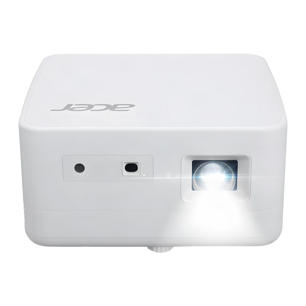 Acer Projecteur PD1810IC 4K UHD RGB-LED blanc, vue avant: objectif de projection, capteurs IR et logo Acer sur boîtier blanc - Ítem2
