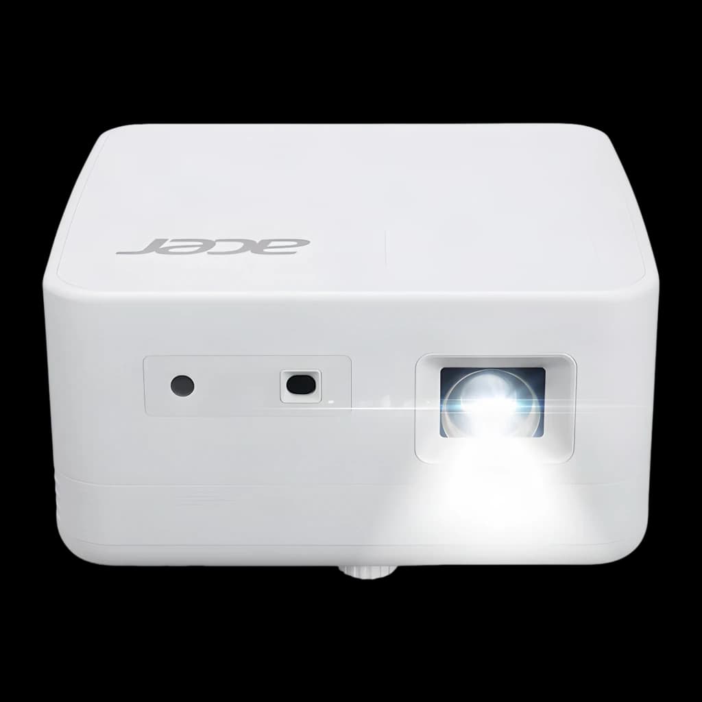 Acer Projecteur PD1810IC 4K UHD RGB-LED Blanc, vue avant-dessus: objectif allumé émettant de la lumière, logo Acer