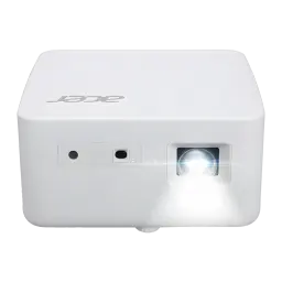 Acer Projecteur PD1810IC 4K UHD RGB-LED Blanc, vue avant-dessus: objectif allumé émettant de la lumière, logo Acer