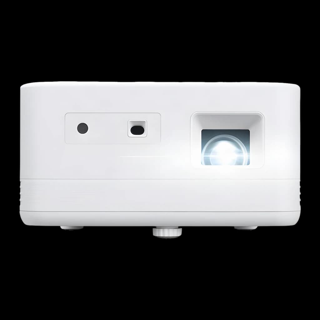 Acer Projecteur PD1810IC 4K UHD RGB-LED Blanc, vue de face: objectif éclairé, capteurs et pieds réglables visibles
