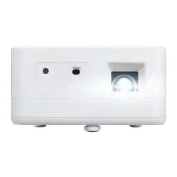 Acer Projecteur PD1810IC 4K UHD RGB-LED Blanc, vue de face: objectif éclairé, capteurs et pieds réglables visibles
