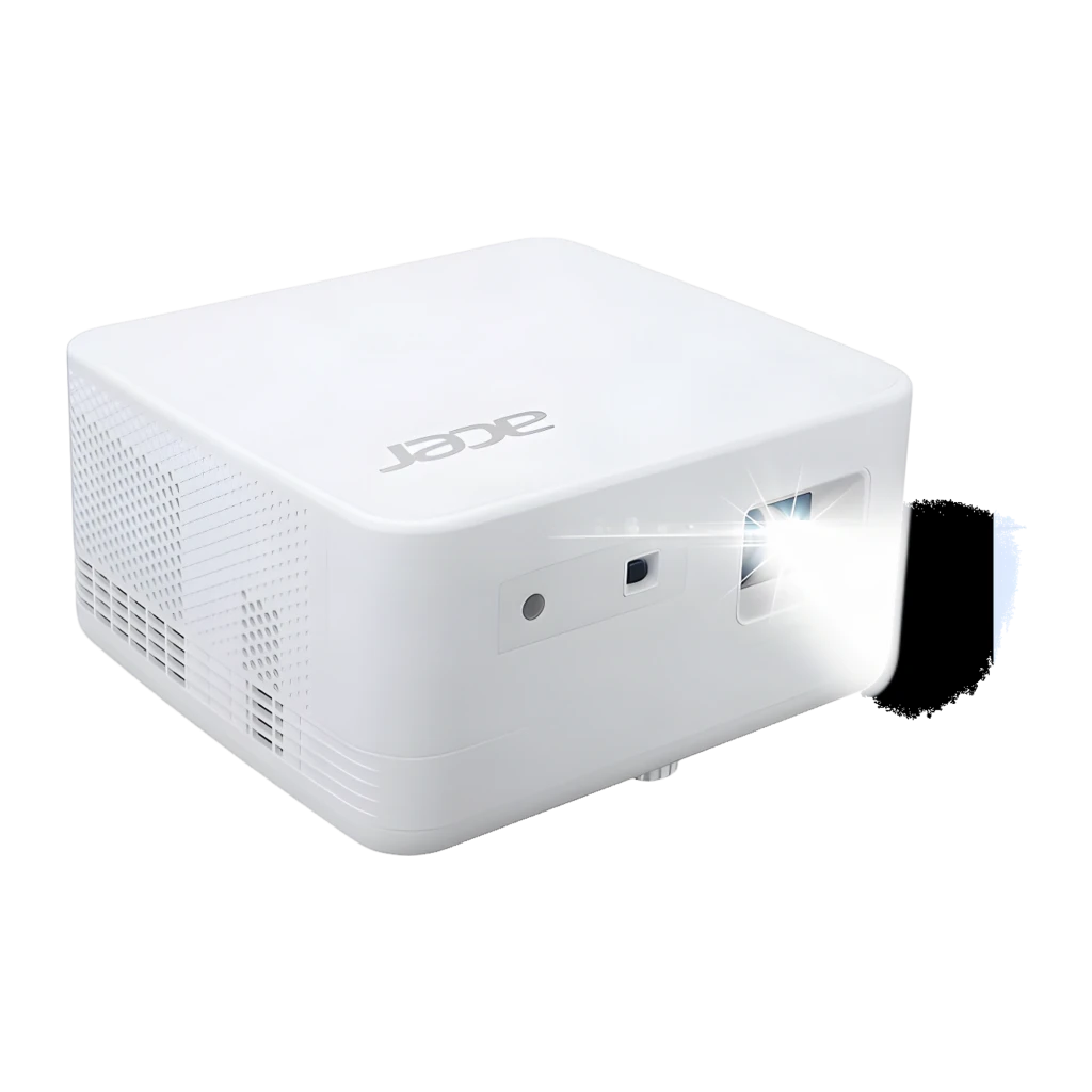 Acer Projecteur PD1810IC 4K UHD RGB-LED blanc, vue avant: objectif de projection, capteurs IR et logo Acer sur boîtier blanc - Ítem4