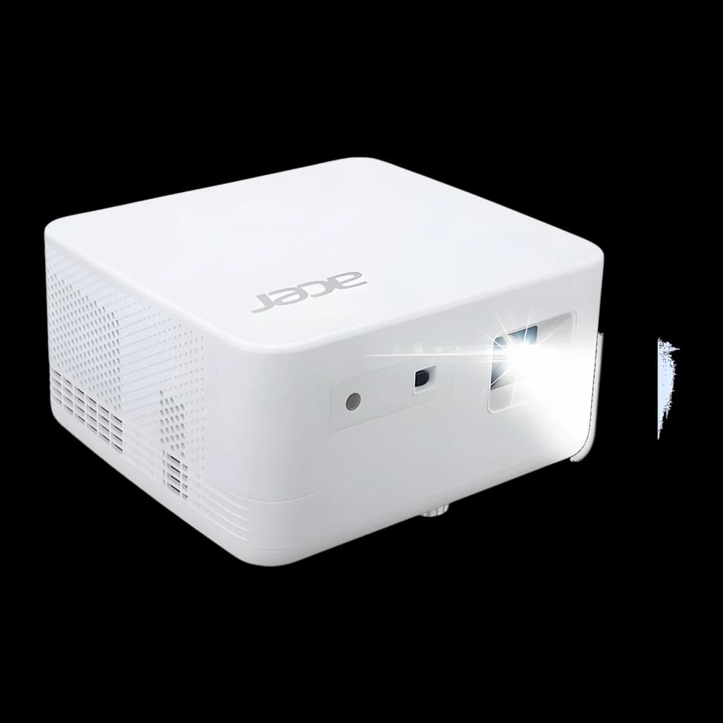 Acer Projecteur PD1810IC 4K UHD RGB-LED Blanc, vue latérale: objectif émettant un faisceau lumineux, grilles de ventilation