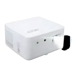 Acer Projecteur PD1810IC 4K UHD RGB-LED Blanc, vue latérale: objectif émettant un faisceau lumineux, grilles de ventilation