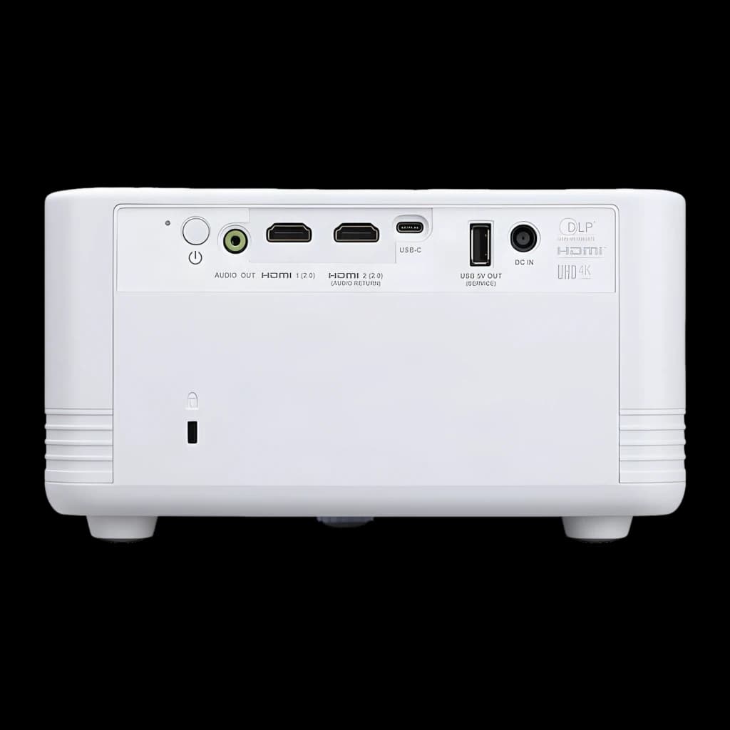 Acer Projecteur PD1810IC 4K UHD RGB-LED Blanc, vue arrière: ports HDMI x2, USB-C, USB, DC-IN et sortie audio