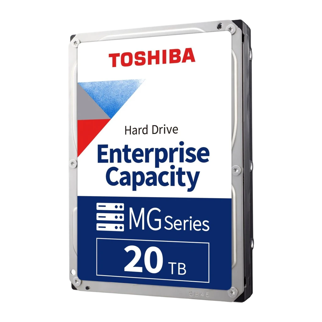 Toshiba MG10 Series MG10SCA20TE 20TB, vue en angle: face avant et côté droit noir visibles