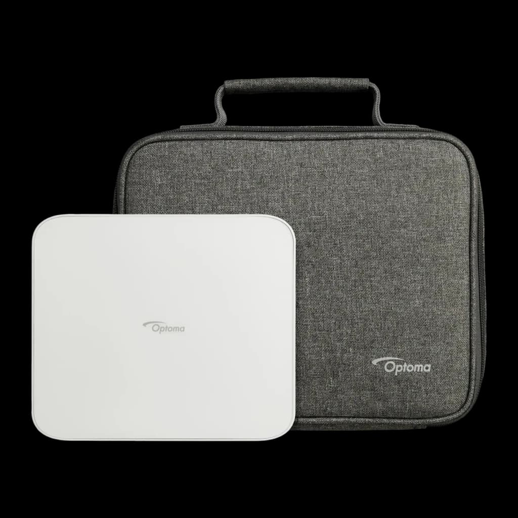 Optoma ML1080 Full HD 1200lm blanc, kit avec housse: projecteur blanc à côté d'une housse de transport grise avec poignée