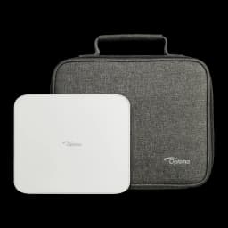 Optoma ML1080 Full HD 1200lm blanc, kit avec housse: projecteur blanc à côté d'une housse de transport grise avec poignée