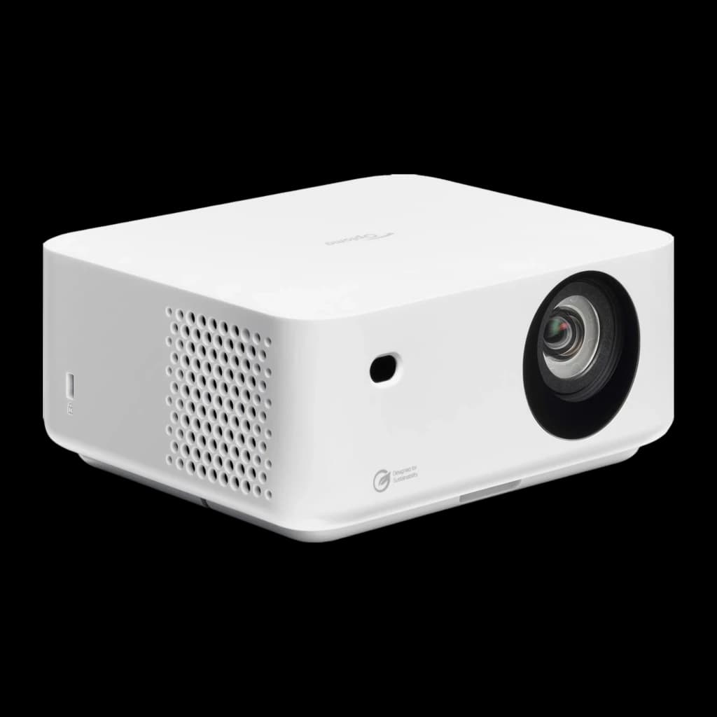 Optoma ML1080 Full HD 1200lm blanc, vue avant-latérale: objectif, grille de ventilation latérale et logo Optoma sur le dessus