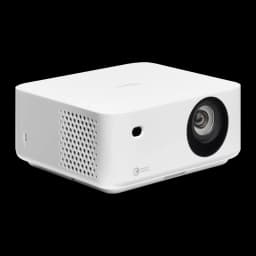 Optoma ML1080 Full HD 1200lm blanc, vue avant-latérale: objectif, grille de ventilation latérale et logo Optoma sur le dessus