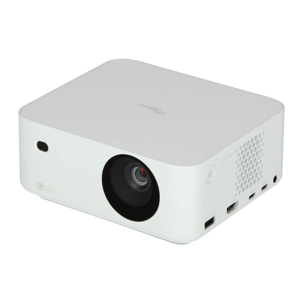 Optoma ML1080 Full HD 1200lm blanc, vue avant-latérale: objectif, grille de ventilation latérale et logo Optoma sur le dessus - Ítem1