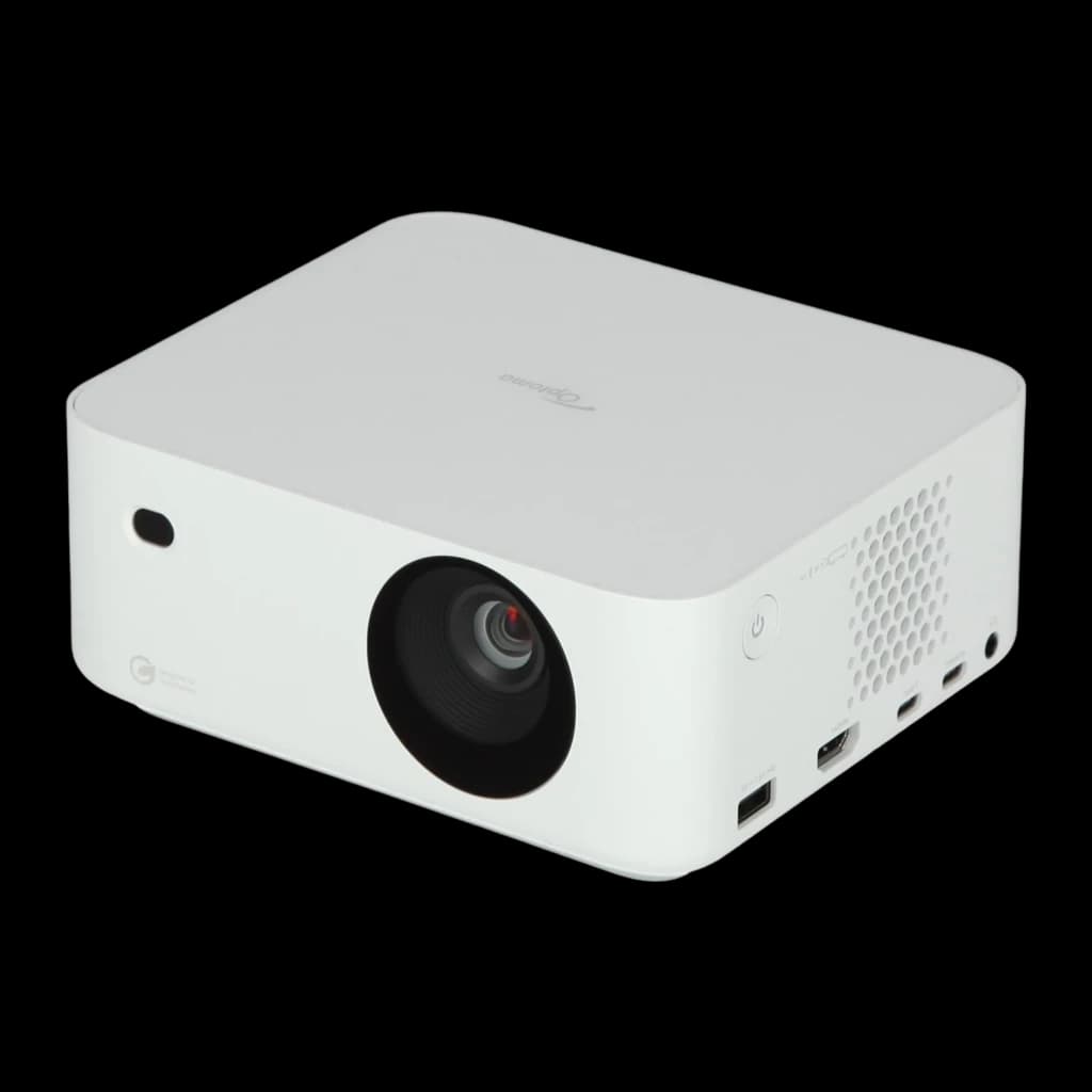Optoma ML1080 Full HD 1200lm blanc, vue avant-droite: objectif, ports HDMI et USB arrière visibles