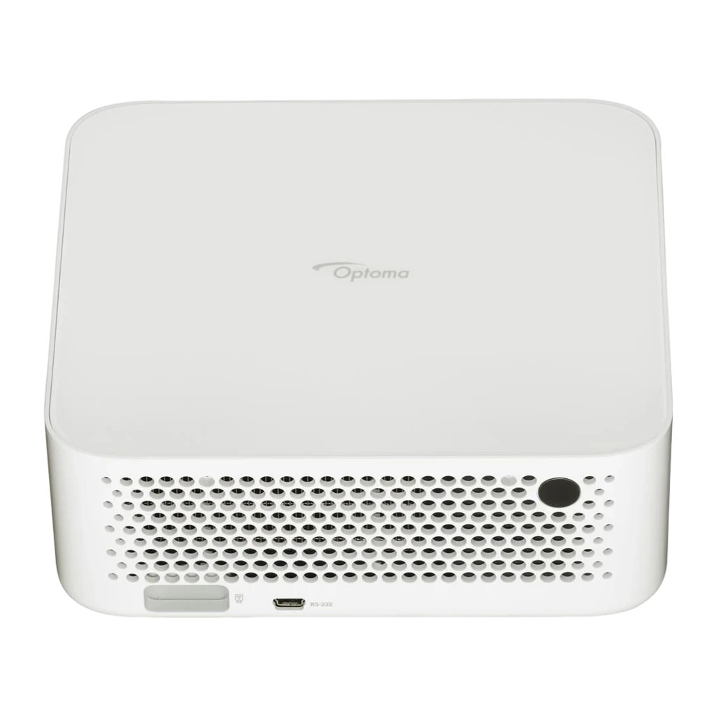 Optoma ML1080 Full HD 1200lm blanc, vue avant-latérale: objectif, grille de ventilation latérale et logo Optoma sur le dessus - Ítem2