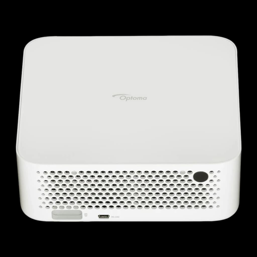 Optoma ML1080 Full HD 1200lm blanc, vue arrière: grille de ventilation arrière, port RS-232 et logo Optoma sur le dessus