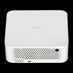 Optoma ML1080 Full HD 1200lm blanc, vue arrière: grille de ventilation arrière, port RS-232 et logo Optoma sur le dessus