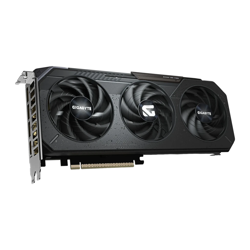 Gigabyte GeForce RTX 5060 Gaming OC 8GB GDDR7 negro, producto y caja: tarjeta con 3 ventiladores y bracket junto a su - Ítem3