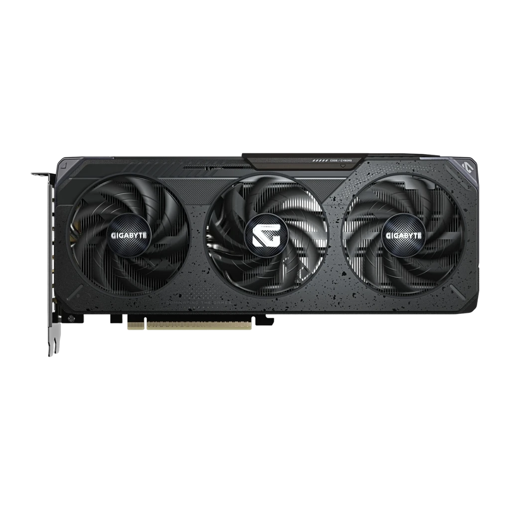 Gigabyte GeForce RTX 5060 Gaming OC 8GB GDDR7 negro, producto y caja: tarjeta con 3 ventiladores y bracket junto a su - Ítem1