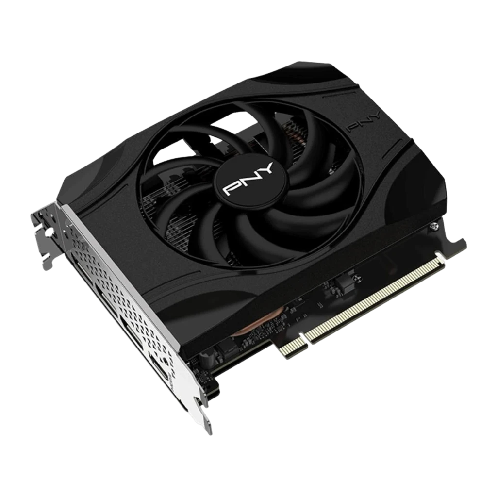 PNY GeForce RTX 5050 Single Fan preta, caixa e placa: embalagem verde 8GB GDDR6 e placa gráfica em ângulo frontal - Item1