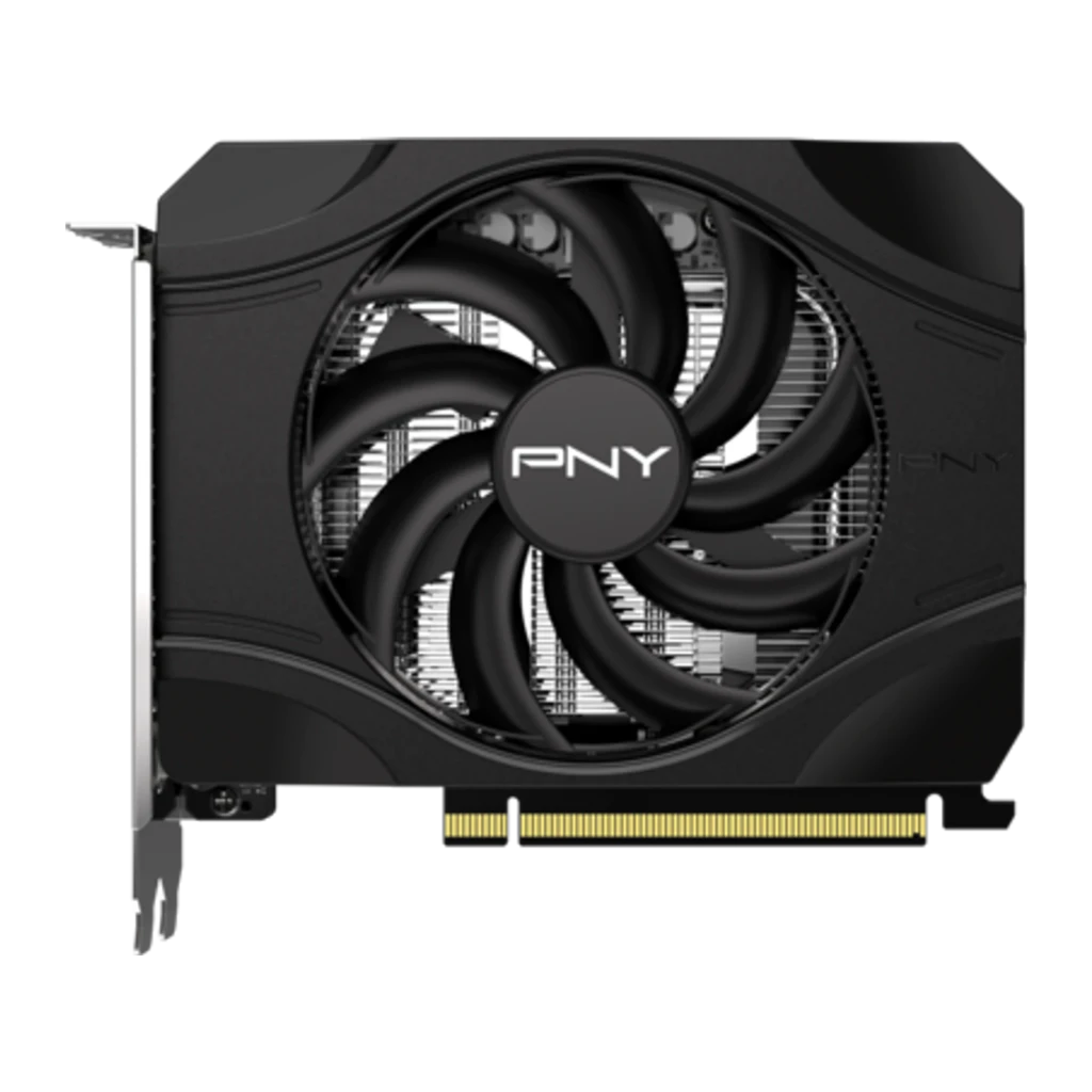 PNY GeForce RTX 5050 Single Fan preta, caixa e placa: embalagem verde 8GB GDDR6 e placa gráfica em ângulo frontal - Item2