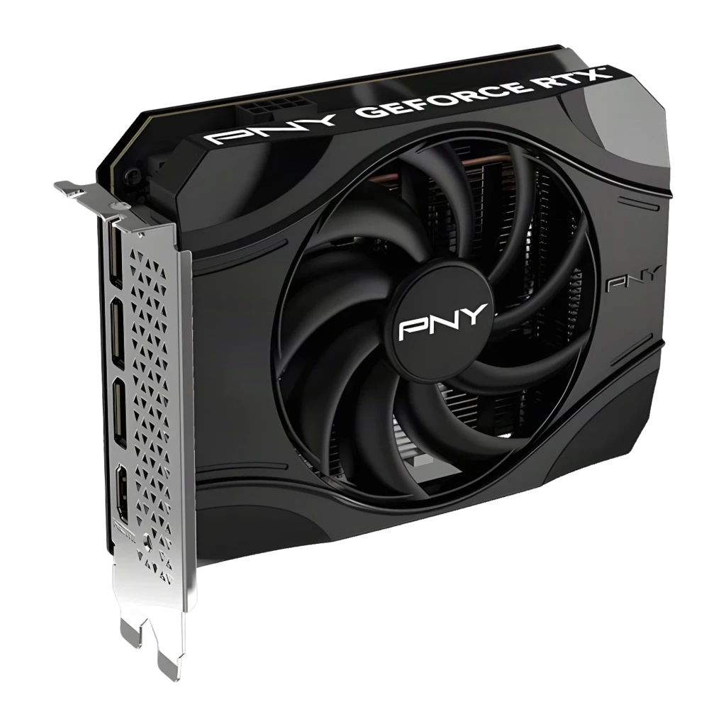 PNY GeForce RTX 5050 Single Fan preta, caixa e placa: embalagem verde 8GB GDDR6 e placa gráfica em ângulo frontal - Item3