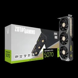 Zotac GAMING GeForce RTX 5070 SOLID OC 12GB, boîte et carte: packaging face avec GPU vue latérale refroidisseur 3