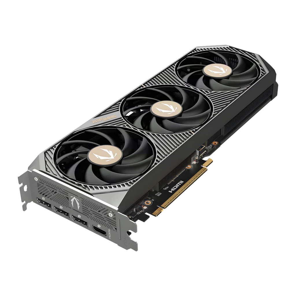Zotac GAMING GeForce RTX 5070 SOLID OC 12GB, caja y tarjeta: packaging frontal junto a GPU con 3 ventiladores vista lateral - Ítem5