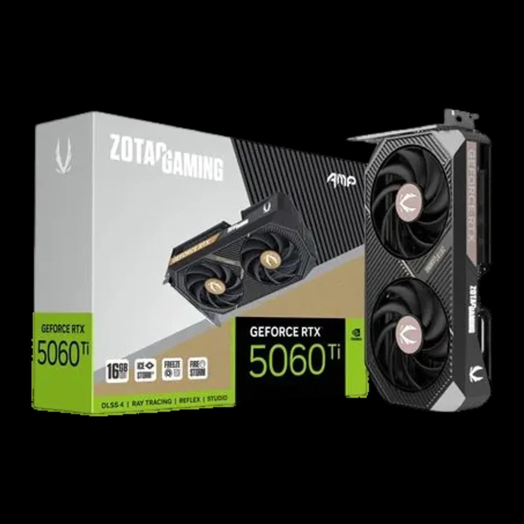 ZOTAC Gaming RTX 5060 Ti AMP 16GB, vue principale: carte graphique noire avec 2 ventilateurs et boîte du produit