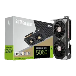 ZOTAC Gaming RTX 5060 Ti AMP 16GB, vue principale: carte graphique noire avec 2 ventilateurs et boîte du produit