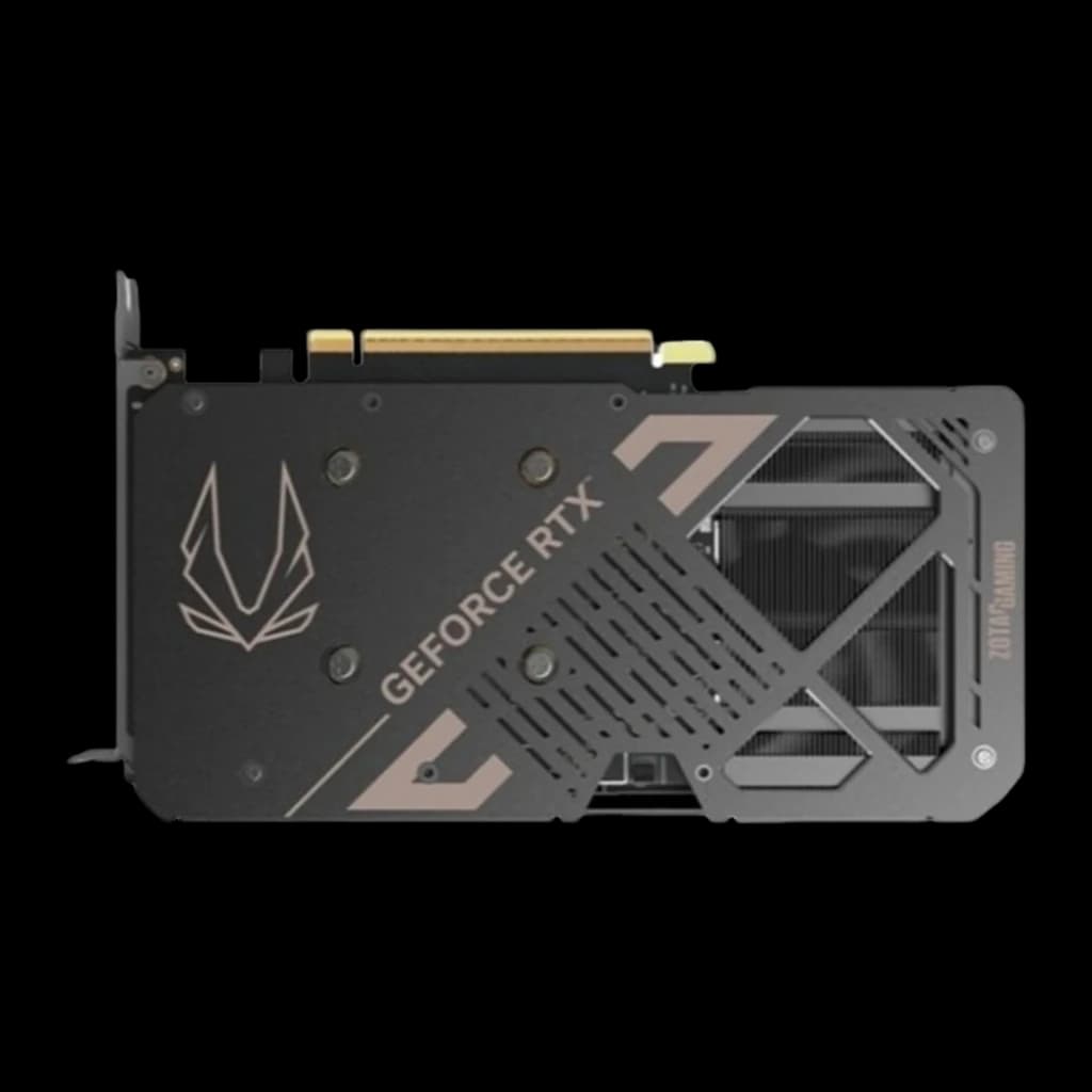 ZOTAC Gaming RTX 5060 Ti AMP 16GB noir, vue arrière: backplate logo ZOTAC, grilles ventilation et connecteur PCIe