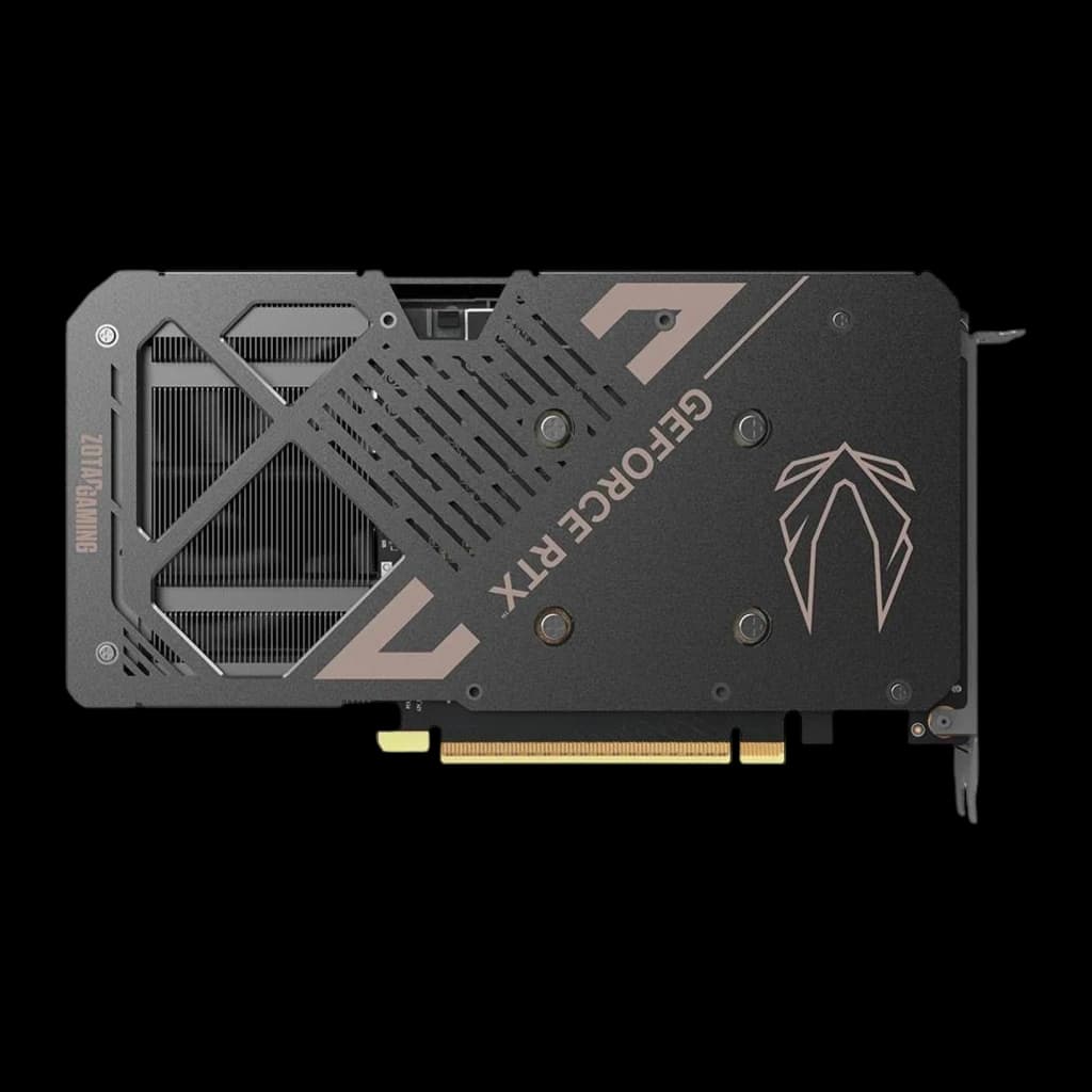 ZOTAC Gaming RTX 5060 Ti AMP 16GB noir, vue arrière horizontale: backplate complet, logo flèche cuivré et connecteur doré
