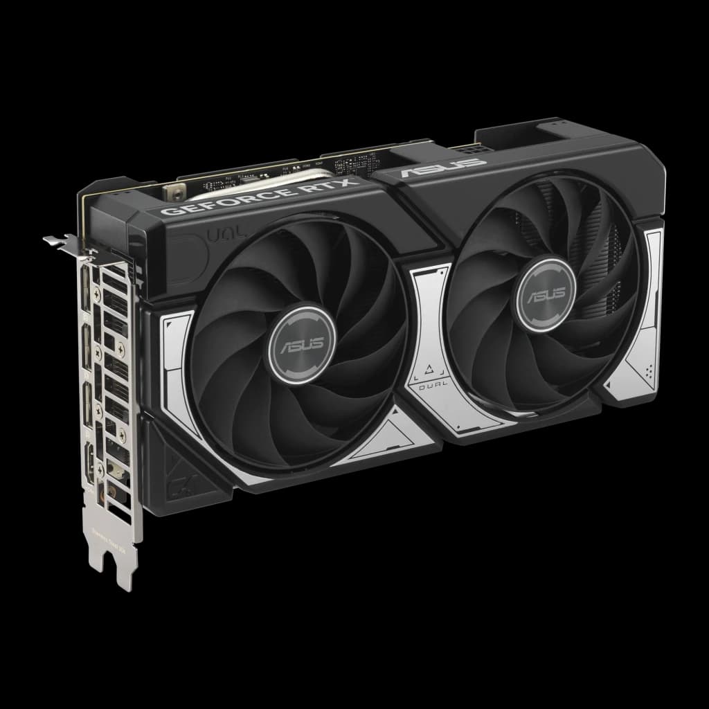Zotac RTX 5060 Ti AMP 16GB noir, vue avant en angle: 2 ventilateurs avec cadre argenté et ports sur équerre