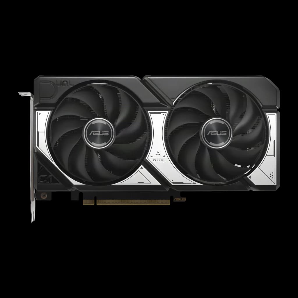 ASUS Dual RTX 5060 Ti 16GB, vue de face: 2 ventilateurs logo ASUS, shroud noir et argent, connecteur PCIe