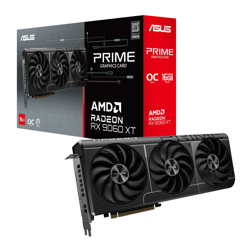 ASUS PRIME Radeon RX 9060XT OC 16GB negro, producto y caja: tarjeta con triple ventilador frente a su packaging AMD