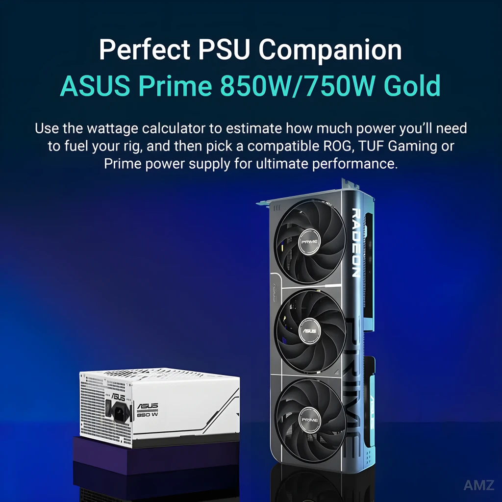 ASUS PRIME Radeon RX 9060XT OC 16GB negro, vista promocional: tarjeta con triple ventilador junto a fuente ASUS Prime 850W