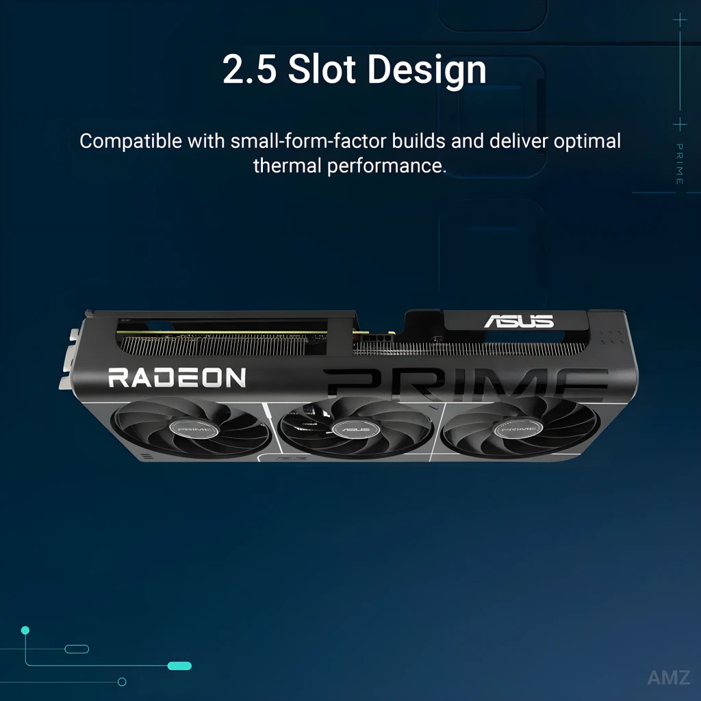 ASUS PRIME Radeon RX 9060XT OC 16GB negro, vista inferior: diseño 2.5 slots, tres ventiladores y logo PRIME visibles