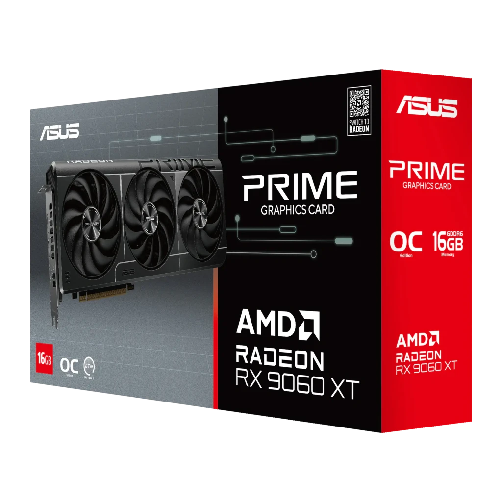 ASUS PRIME Radeon RX 9060XT OC 16GB negro, caja: packaging con gráfico de la tarjeta y logos AMD, OC Edition 16GB GDDR6