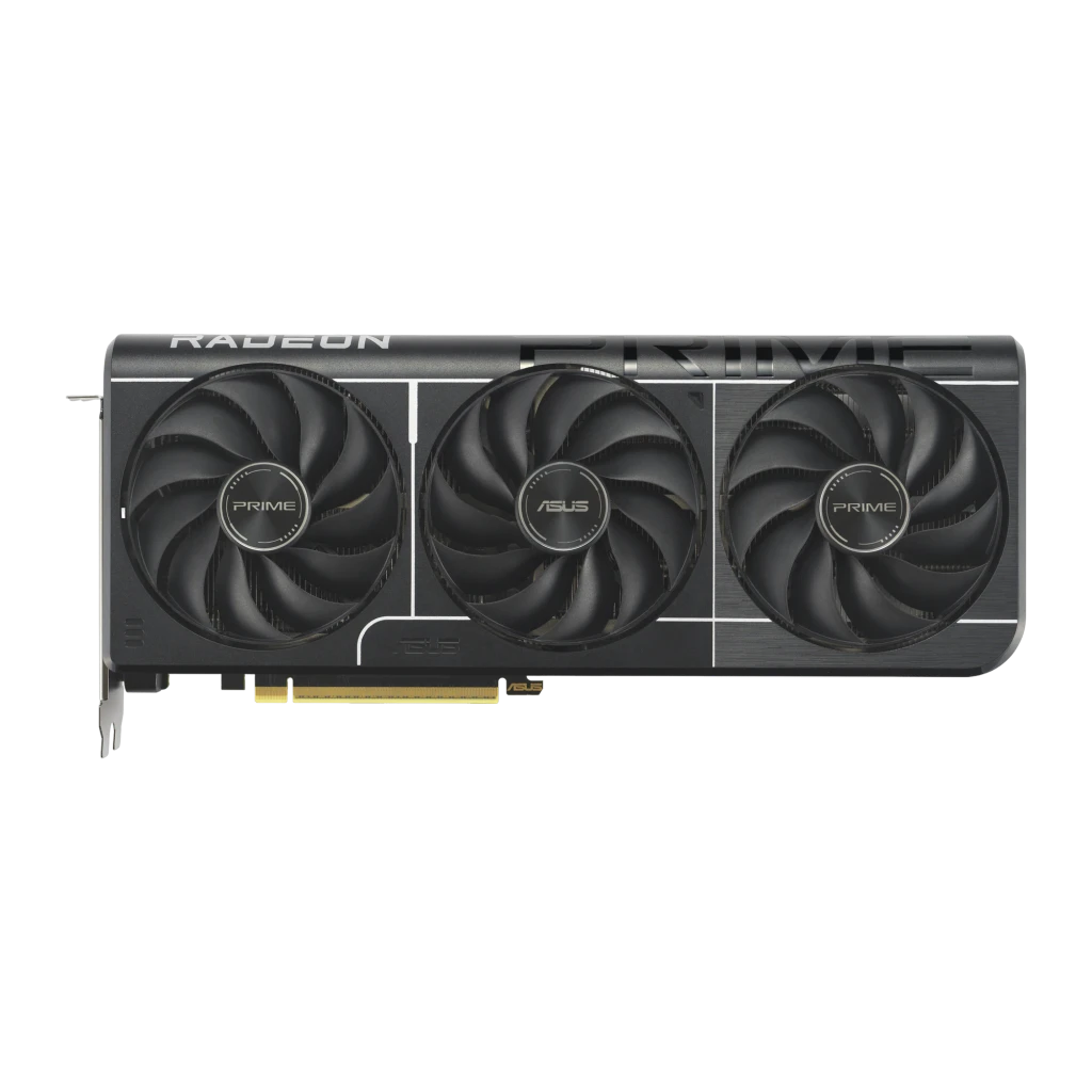 ASUS PRIME Radeon RX 9060XT OC 16GB negro, vista frontal: tres ventiladores con logo PRIME y ASUS, shroud oscuro y conector
