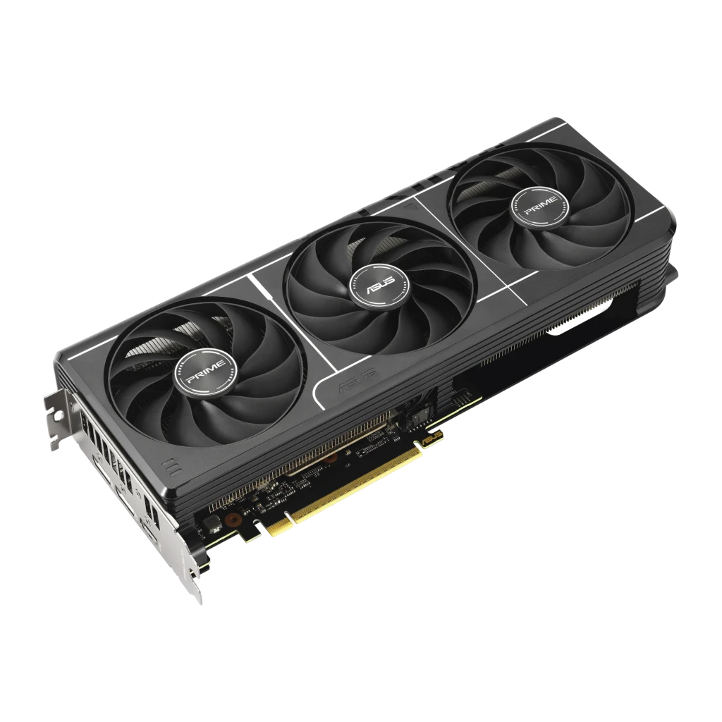 ASUS PRIME Radeon RX 9060XT OC 16GB negro, vista angular: tres ventiladores con logo PRIME, disipador acanalado y bracket