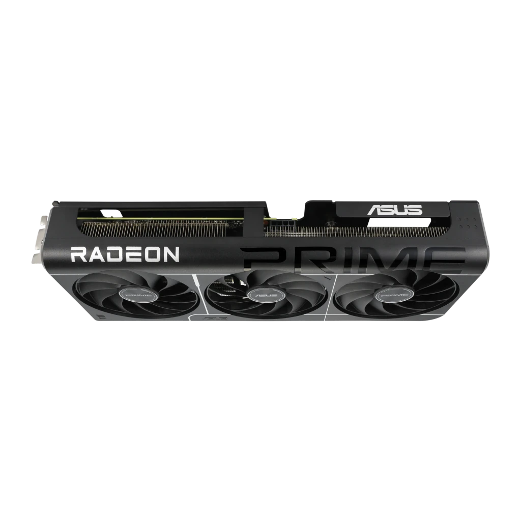 ASUS PRIME Radeon RX 9060XT OC 16GB negro, vista superior: tres ventiladores, logo Radeon y PRIME visibles