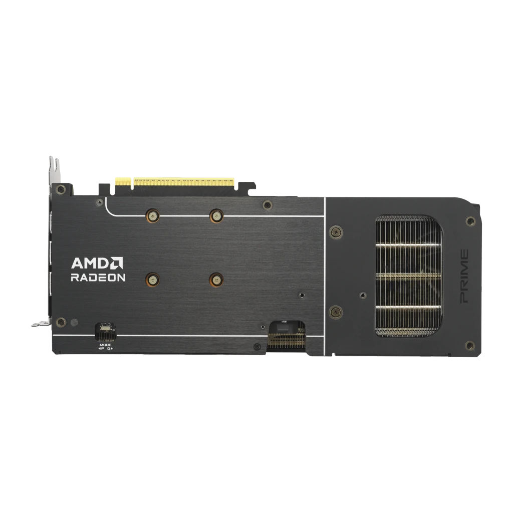 ASUS PRIME Radeon RX 9060XT OC 16GB negro, backplate: placa trasera cepillada con logo AMD Radeon y disipador lateral visible