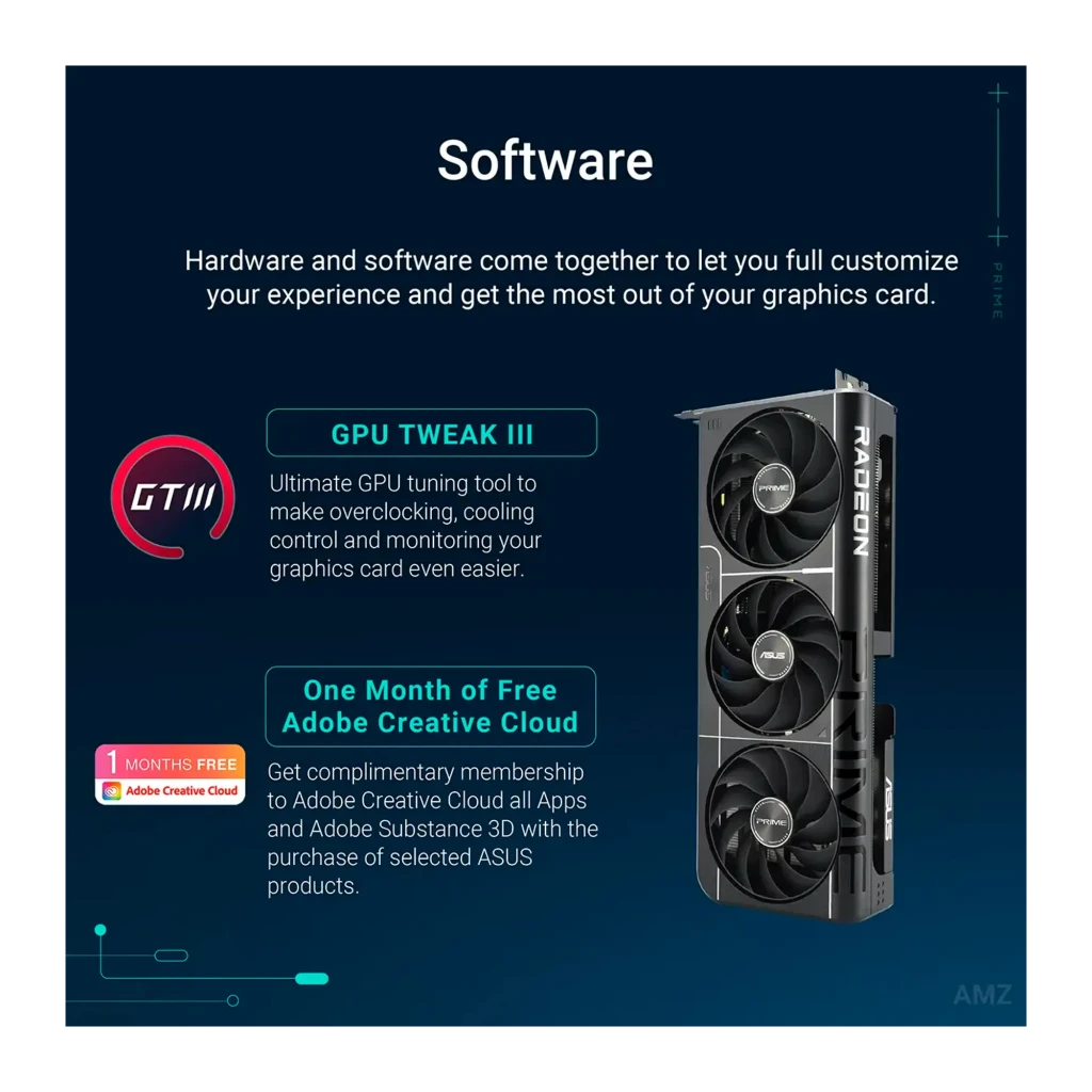 ASUS PRIME Radeon RX 9060XT OC 16GB negro, infografía software: GPU Tweak III y Adobe Creative Cloud con tarjeta en vista
