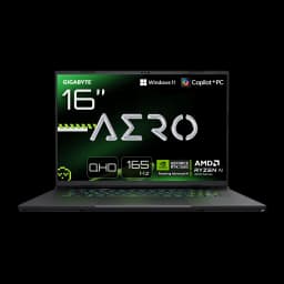 Gigabyte Aero X16 2WH 1TB Gris Espacial, vista frontal: pantalla WQXGA 16" 165Hz con logos AERO, QHD, RTX y Ryzen AI