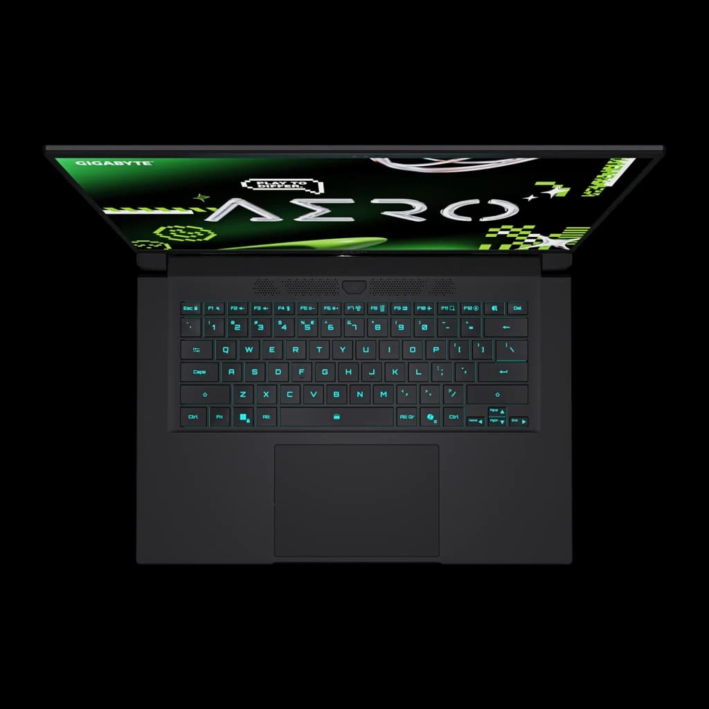 Gigabyte Aero X16 2WH 1TB Space Gray, vista superior: teclado retroiluminado en azul y pantalla AERO con gráficos verdes