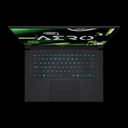 Gigabyte Aero X16 2WH 1TB Space Gray, vista superior: teclado retroiluminado en azul y pantalla AERO con gráficos verdes