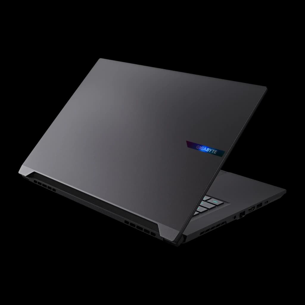 Gigabyte Aero X16 2WH 1TB Space Gray, vista trasera en ángulo: tapa con logo RGB, rejillas ventilación y puertos laterales