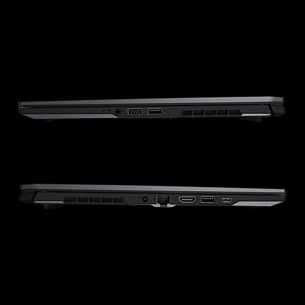 Gigabyte Aero X16 2WH 1TB Space Gray, laterales: puertos USB-A y jack izquierdo, Ethernet HDMI USB-C derecho