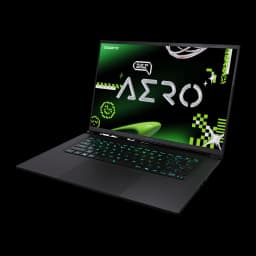 Gigabyte Aero X16 2WH 1TB Space Gray, vista frontal en ángulo: pantalla AERO encendida, teclado retroiluminado en verde