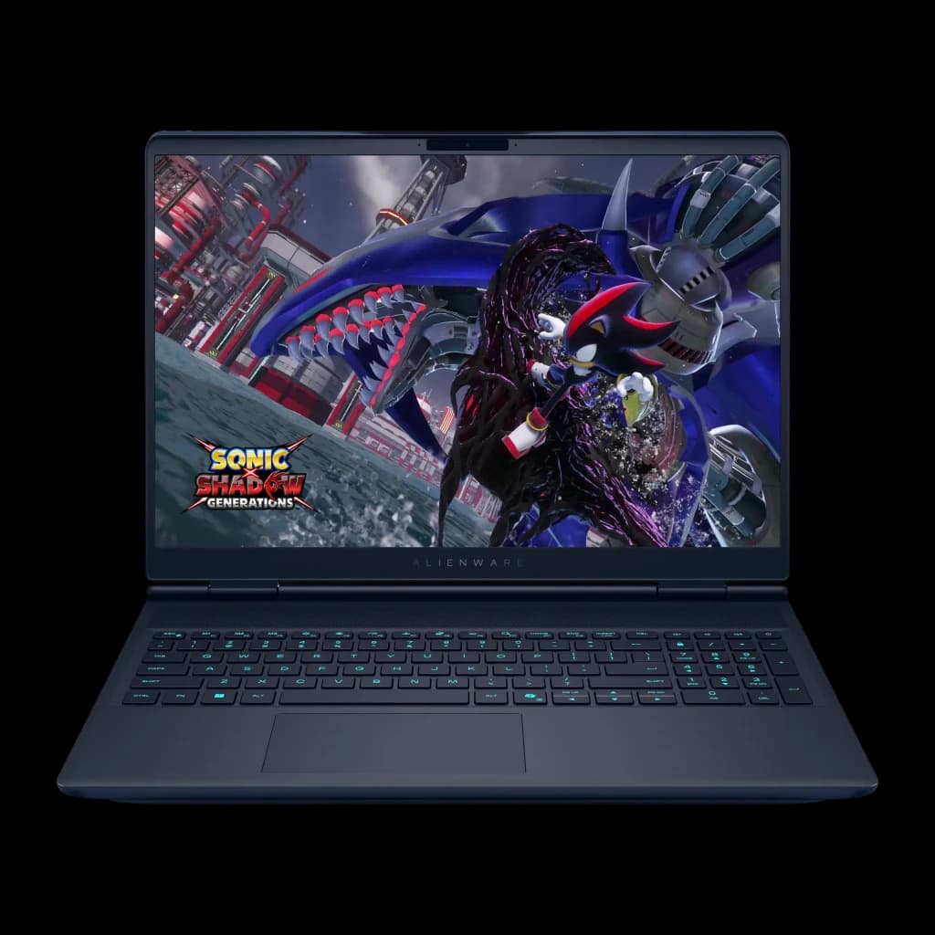 Alienware Aurora 16X 1TB azul, vista frontal: ecrã com Sonic Shadow Generations e teclado RGB iluminado